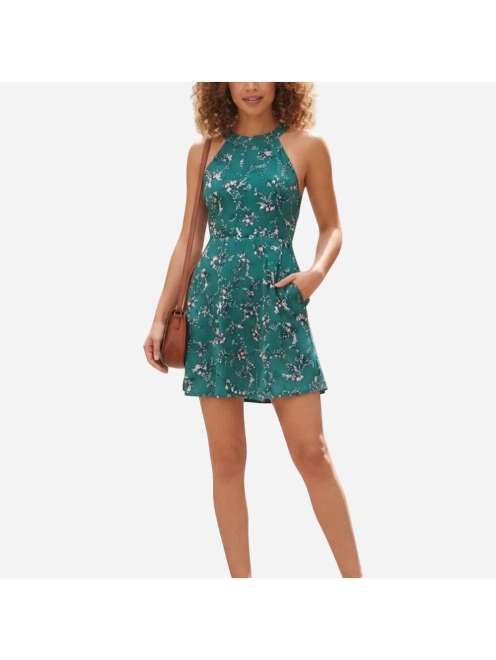 Lulus Green Floral Halter Neck Mini Dress - Size Small